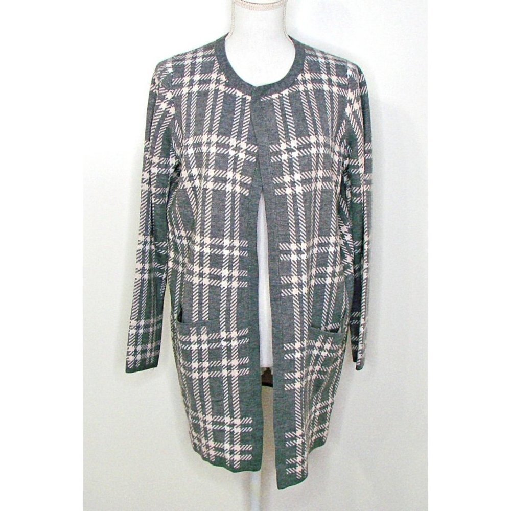 French Connection Womens Long Sweater Gray Pink Plaid Open Cardigan Pockets Sz M